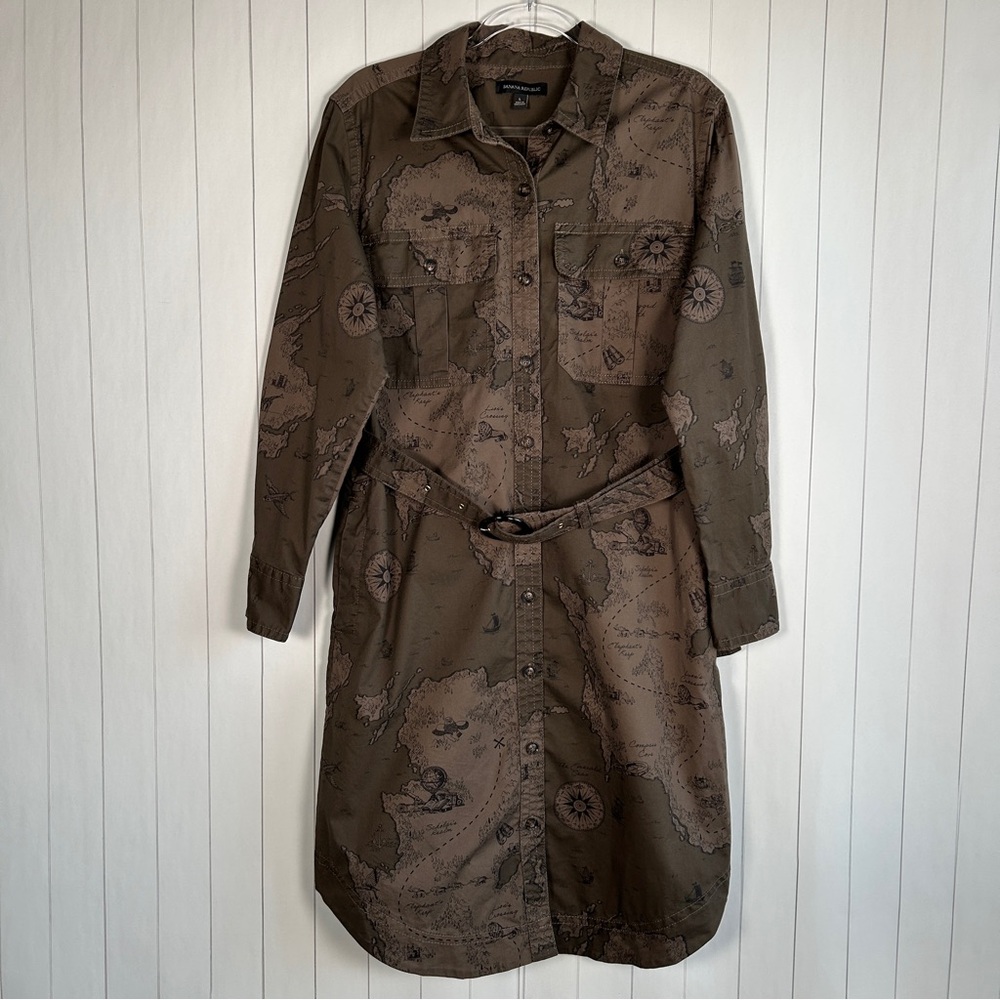 Banana Republic size L shirt dress safari map print utility green long sleeve